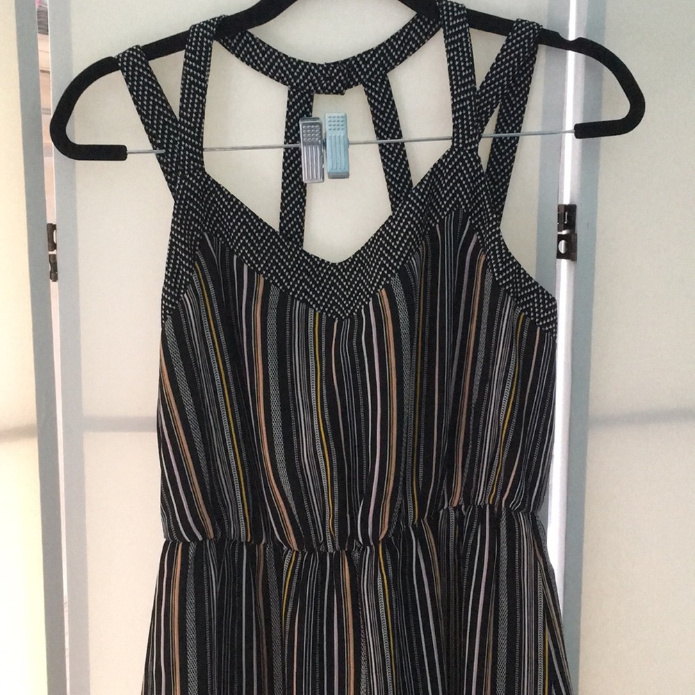 Long black stripped cross back dress